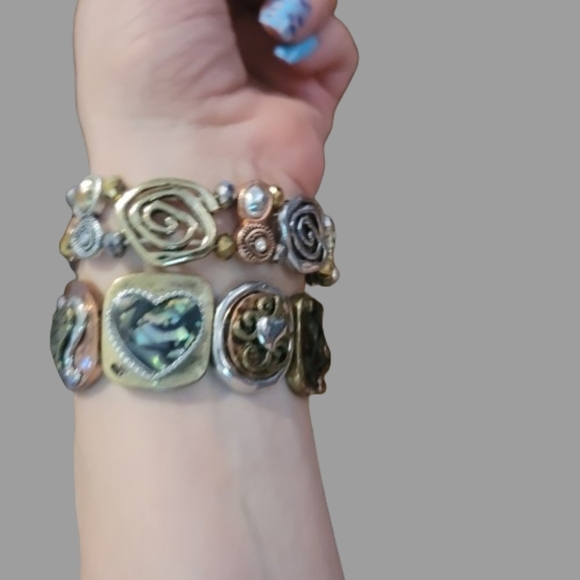 Vintage bracelets 2 copper tone metal abalone stretchy art noveau - Picture 5 of 14